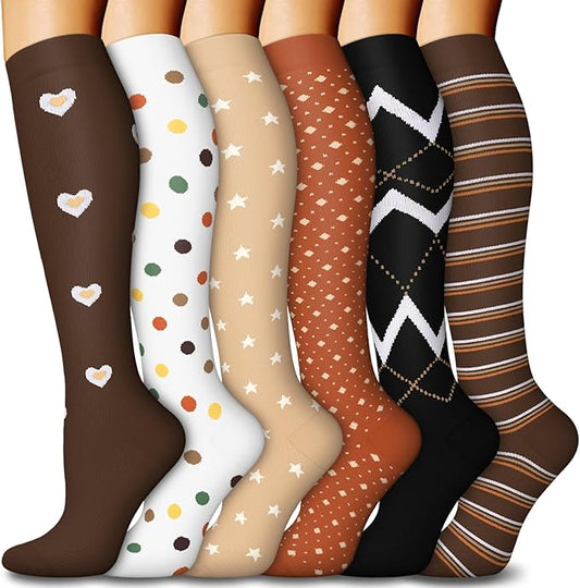 6 Pairs Compression Socks for Women & Men 15-20mmHg Graduated Support Knee High Socks for Nurses, Travel, Athletic