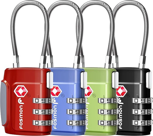 Fosmon TSA Approved Luggage Locks, Cable Suitcase Travel Lock, 3 Digit Long Shackle Combination Padlock, Wire Lock for Gym...