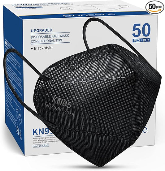 Boncare KN95 Face Masks 50 Pack, Black, 5-Layer Disposable Face Masks, Breathable and Comfortable