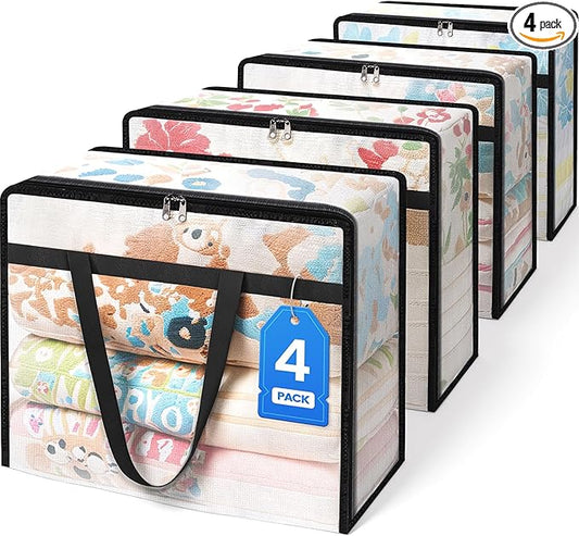 BlissTotes 4 Pack Clear Clothes Storage Bags, Moving Bags, Foldable Blanket Storage Under Bed Storage Containers with Stur...