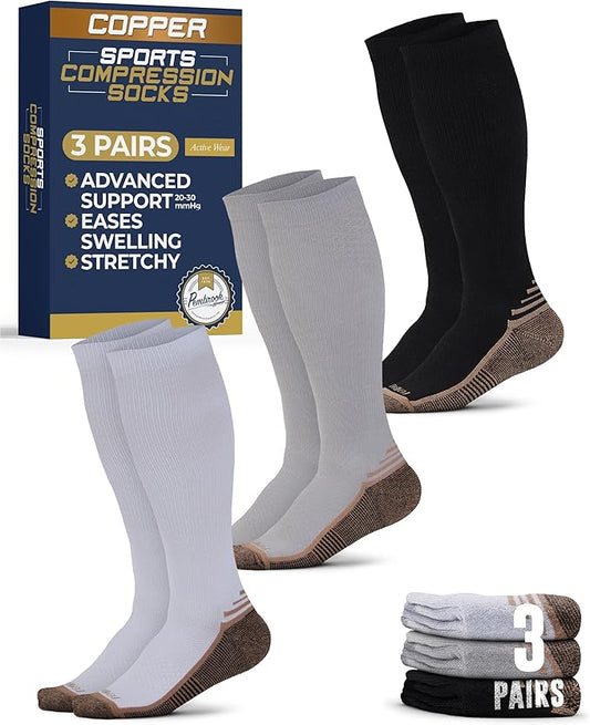 Pembrook 3 Pairs Copper Mens Compression Socks 20-30 mmHg, Running, Hiking, Athletic Cycling, Travel | Circulation Support