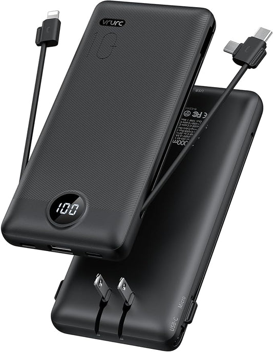 Portable Charger,Power Bank Built-in Cables and AC Wall Plug,VRURC USB C Portable Bank 10000mAh,Travel Essentials Phone Ch...