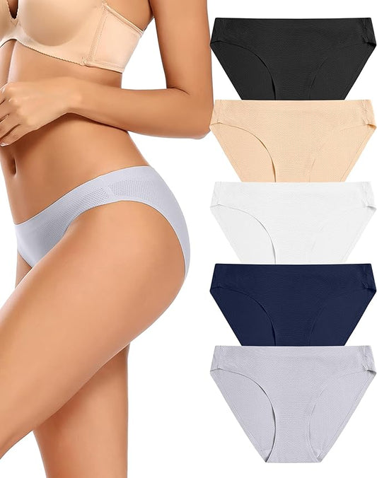 voenxe Women Bikini Underwear,Seamless Breathable Ladies Panties,No Show Comfortable Briefs Undies,Invisible Hipster,5-Pack