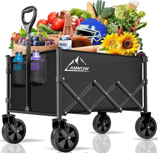 Collapsible Folding Wagon Cart, 350LBS Utility Large Capacity Cart Foldable Wagon with All Terrain Wheels, Grocery Wagons ...