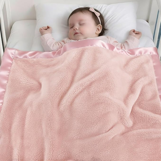 Pro Goleem Fleece Baby Blankets for Girls with 2 Inch Satin Trim, Super Soft Plush Receiving Blanket for Infant Toddler Ne...