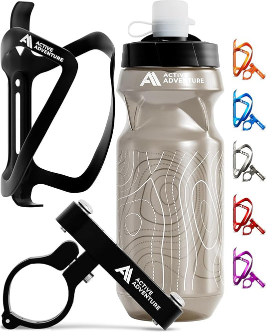 Bike Water Bottle Holder Combo - 20 Oz Squeeze Bottle & Bicycle Mount Cage Rack, No Screws Needed, Durable Alloy - Fits Al...