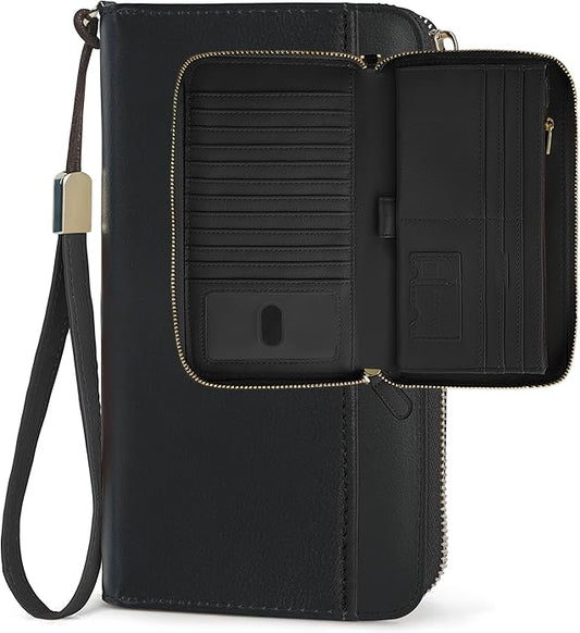 Sunpour Large Travel Wallet for Women,RFID Zipper Wallet with AirTag Slot,Passport Holder Clutch with Wristlet