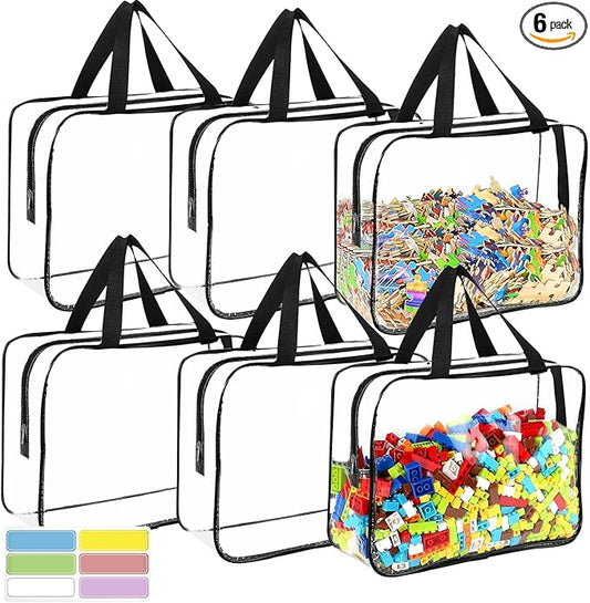 6 Packs Large Toy Storage Bags with Labels, Reusable Clear PVC Board Game Storage, Travel Waterproof Organizer Bags with Z...