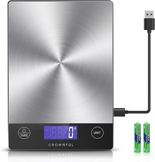 CROWNFUL Food Scale, 33lb Rechargeable 304 Stainless Steel Digital Kitchen Scale Weight Grams and Ounces with LCD Display ...