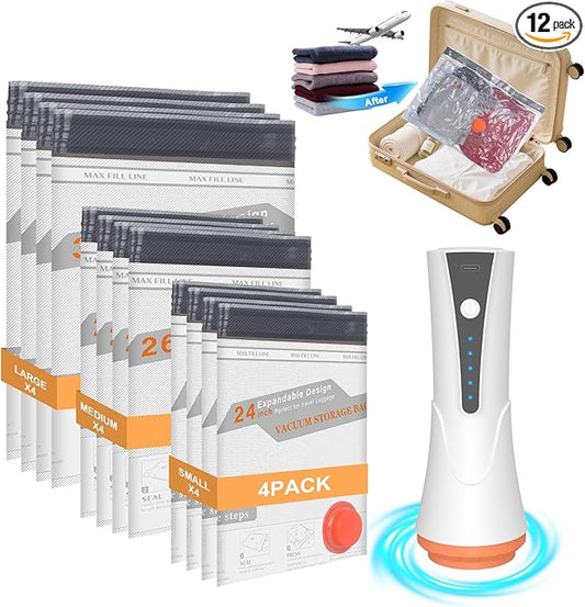 Vacuum Storage Bags for Travel with Pump - 12 Pack Vacuum Seal Bags for Clothing, Blankets, Bedding, Seasonal Storage, 80%...