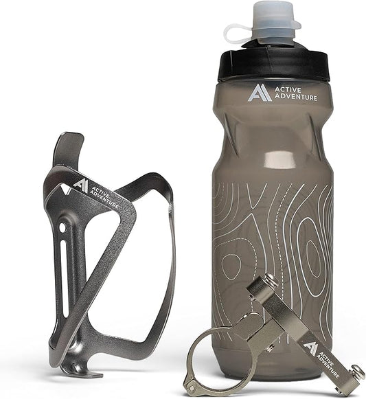 Bike Water Bottle Holder Combo - 20 Oz Squeeze Bottle & Bicycle Mount Cage Rack, No Screws Needed, Durable Alloy - Fits Al...