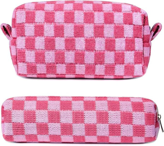 Aucuu 2 Pcs Checkered Makeup Bags, Portable Travel Toiletry Bag with Zipper, Makeup Bag Storage Cosmetic Bag for Women (Pink)