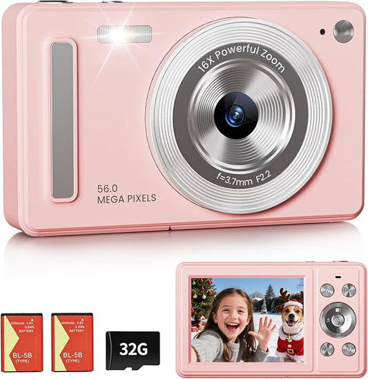 Digital Camera, FHD 1080P Point and Shoot Camera with 32GB SD Card, 2 Batteries, 16X Zoom, Anti Shake, Compact Small Desig...