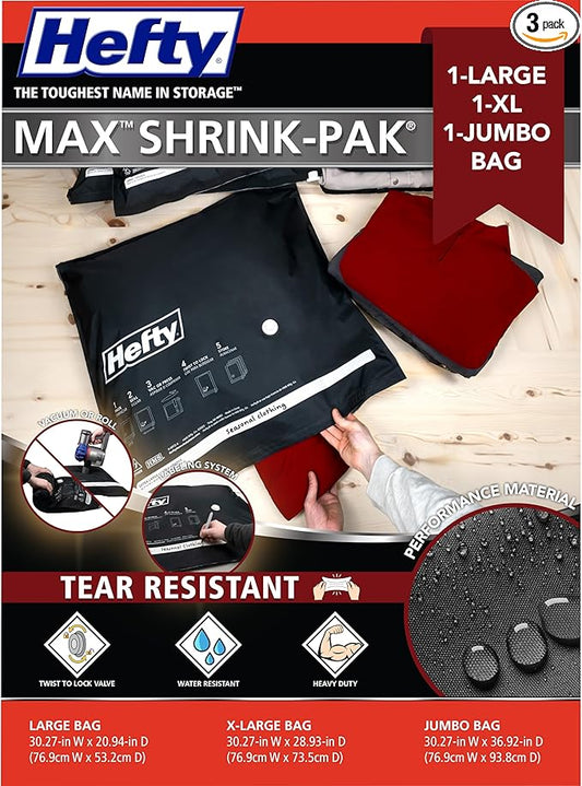 Hefty MAX Shrink-Pak Vacuum Storage Bags Combo Pack – Max Strength Tear-Proof Bags For Clothes, Pillows, Towels, Blankets...