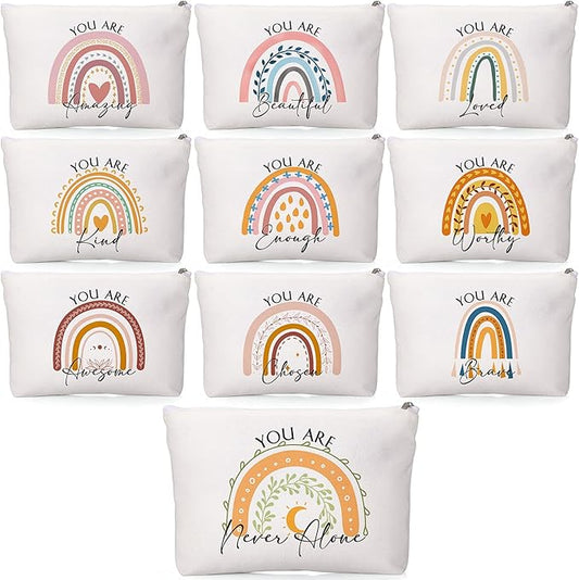 Coume 10 Pcs Valentines Canvas Makeup Bags Bulk, Inspirational Quotes Cosmetic Zipper Encouragement Travel Pouch Toiletry ...