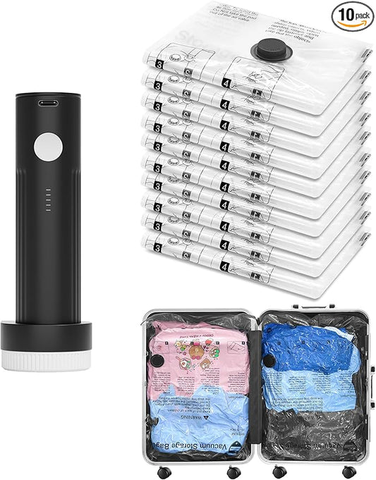 Vacuum Bags for Travel with Rechargeable Pump, 10 Small Compression Packing Seal Bags for Luggage Suitcase, Space Saver fo...