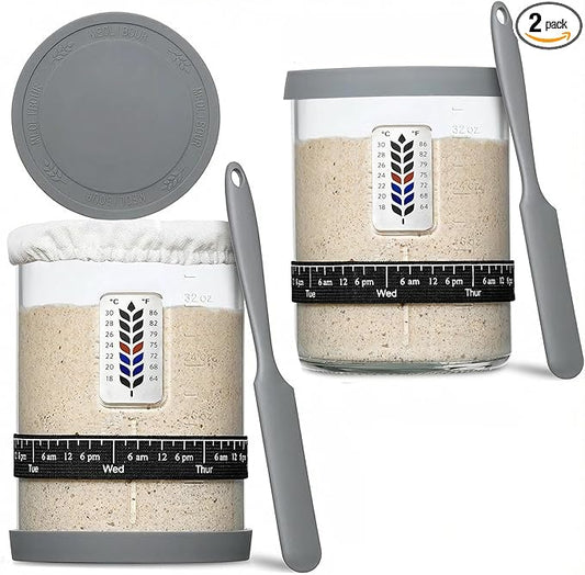 2 Pack Premium Pro Sourdough Starter Jar Kit - 40oz Large Wide Mouth Sourdough Bread Jar with Marked Feeding Band, Thermom...