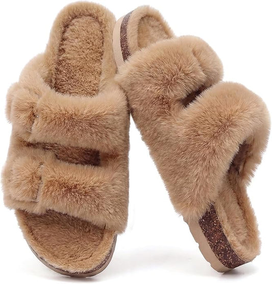 KIDMI Fuzzy Slippers Women with Cork Footbed Fluffy Slides Open Toe Indoor House Shoes | Arch Support | Adjustable Buckles