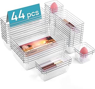 Vtopmart 44 PCS Clear Plastic Drawer Organizers Set, 4-Size Versatile Bathroom and Vanity Organizer Trays, Non-Slip Storag...