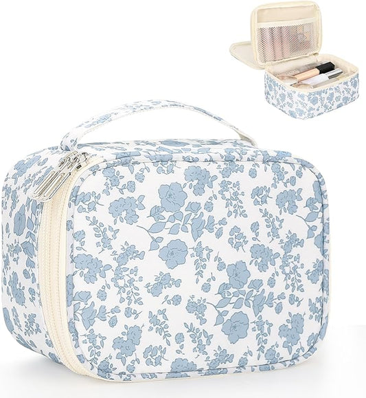 Relavel Travel Makeup Bag, Mini Floral Cosmetic Bag with 2 Makeup Brush Holders, Portable Makeup Pouch for Women, Cute Toi...