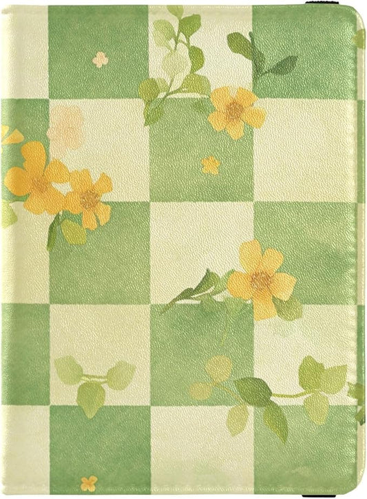 Green Yellow Flowers Checkeds Leather Passport and Vaccine Card Holder Combo Travel Passport Wallet Passport Holder Combo ...