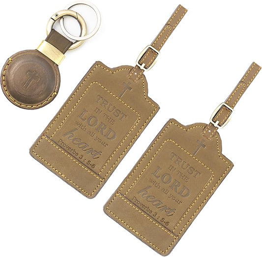 Sovereign-Gear - Two Brown Leather Luggage Tags 'Proverbs 3:5-6' with AirTag Holder Combo - Genuine Leather Luggage Tag fo...