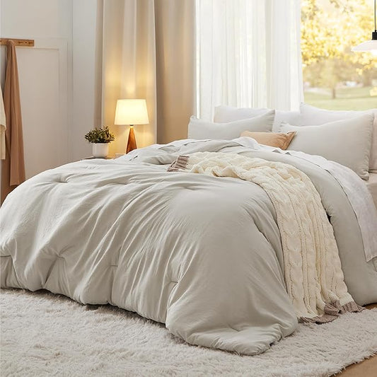 Bedsure Oversized Queen Comforter Set, Beige Soft Prewashed Bedding for All Seasons, 3 Pieces GentleSoft™ Bed Set, 1 Light...