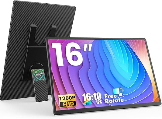 FLYTOCCA Portable Monitor, 16 Inch 1200P FHD, Horizontal and Vertical with Kickstand, Plug&Play, Built-in Speakers, Ultra-...