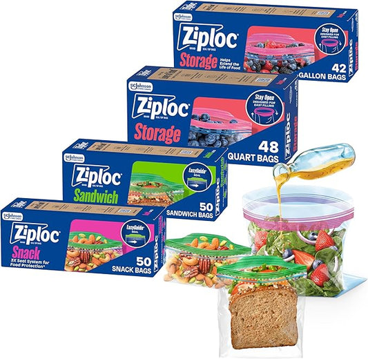 Ziploc Brand 190 Count Storage Bags Variety Pack, 42ct Storage Gallon and 48ct Storage Quart with Stay Open Design, 50ct S...