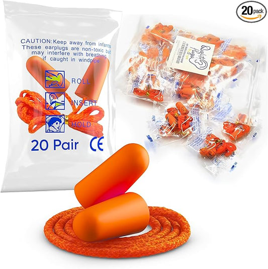 20 Pair Foam Ear Plugs with Cord - Soft & Comfortable Ear Protection - Disposable Ear Plugs Individually Wrapped with Nois...