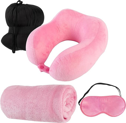 Travel Pillow Set - Memory Foam Pillow, Fleece Blanket, and Eye Mask - Travel Essentials for Airplanes, Trains, Cars, Buse...