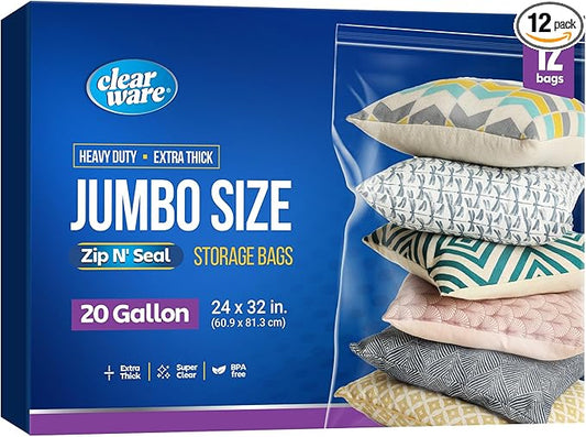 12 Count - Large Plastic Bags With Zipper Top, 20 Gallon Size 24" x 32", Extra Large Storage Bags, For Clothes, Travel, Mo...