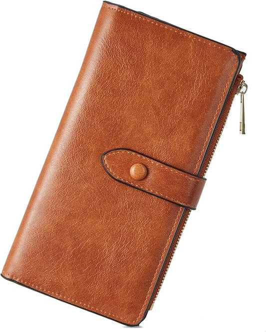 BOSTANTEN Leather Wallets RFID Blocking Large Capacity Trifold Card Holder Ladies Phone Clutch Brown