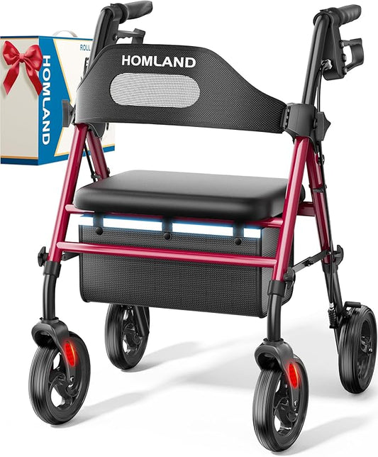HOMLAND Foldable Rollator Walkers with Seat for Seniors, 8'' Big Wheels, 350 lb. Weight Capacity, Adjustable Handles and S...