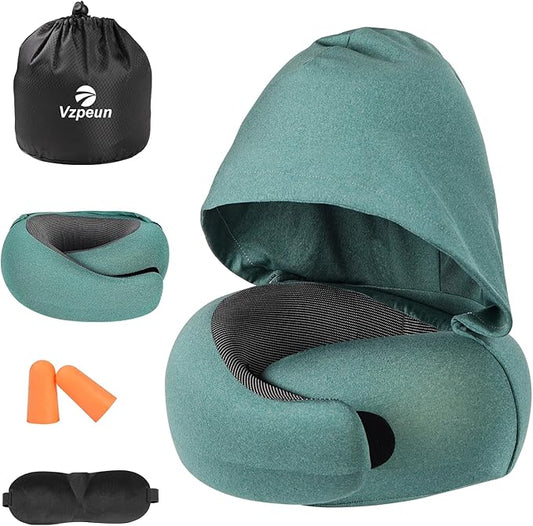 Vzpeun Travel Pillow - Hooded Neck Pillow Airplane Memory Foam Filling for Plane, Office, Cars Sleeping, Road Trip, Long F...