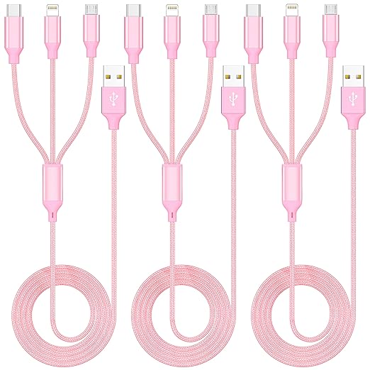 Multi Charging Cable 4ft 3Pack 3 in 1 Charger Cord, Multiple Rapid Nylon Braided Cable USB Charging Cable Multi Phone Char...