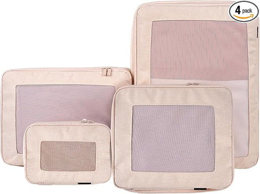 4-Set Compression Packing Cubes for Travel, Recycled Cotton Luggage Organizers, Space-Saving Suitcase Organizers, with Mes...