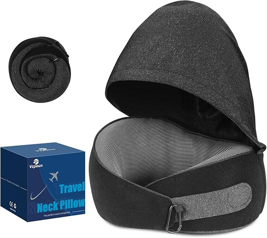 Vzpeun Travel Pillow, Hooded Neck Pillow Airplane for Sleeping, Memory Foam Traveling Pillow for Long Flights, Portable Pl...