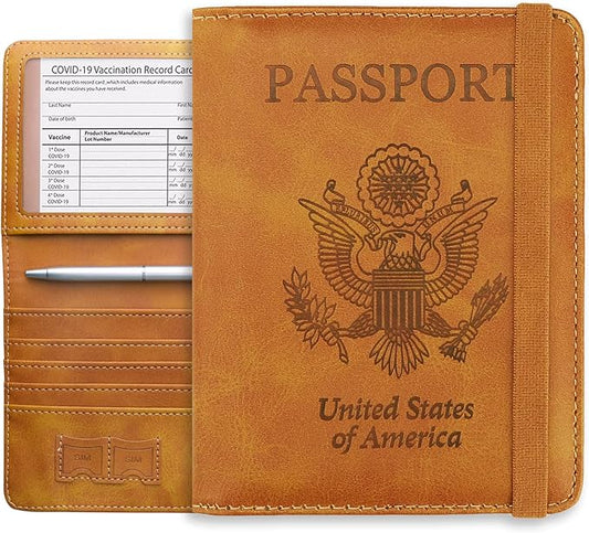 WALNEW Passport Holder Wallet, RFID Blocking Passport Cover Case PU leather Card Holder with Pen and Clear Card Slot for W...