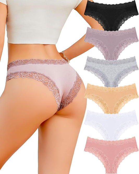 FINETOO Cotton Underwear for Women Sexy Panties Lace Hipster Low Rise Breathable Womens Cheeky 6 Pack S-XL