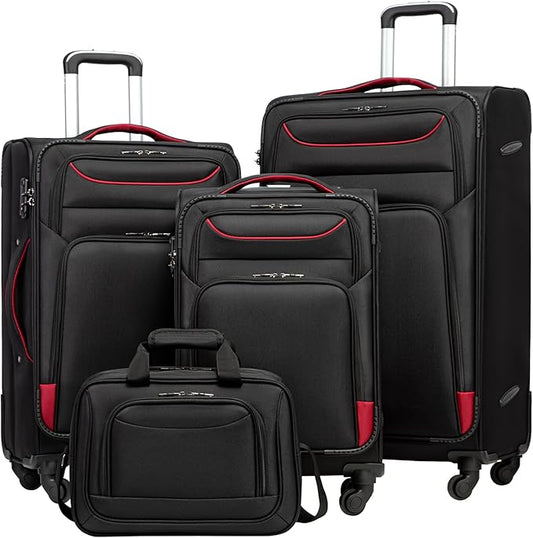 Coolife Luggage 4 Piece Set Suitcase TSA Lock Spinner Softshell lightweight (black+red)