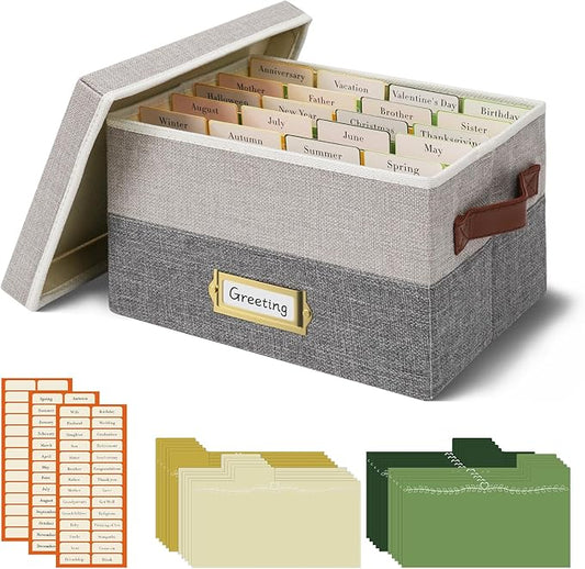 Vienrose Greeting Card Organizer Box with 20 Removable Dividers, 84 Self-Adhesive Labels, Foldable Storage Box Great for G...