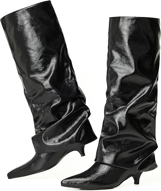 vivianly Knee High Boots for Women Pointed Toe Fold Over Black Boots Kitten Heel Comfortable for Dress & Daily Wear