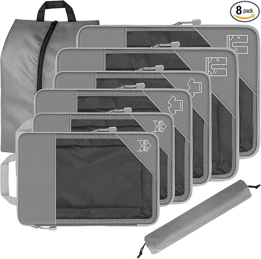 8 Set Compression Packing Cubes for Travel, Expandable Luggage Organizer with Shoe Bag & Laundry Bag - Lightweight Suitcas...
