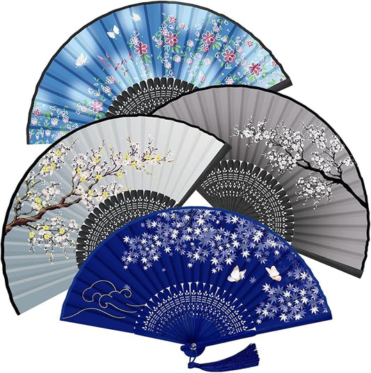 WEARXI Handheld Fan, 4 PCS Hand Fan, Chinese Folding Fan for Women Foldable, Silk Bamboo Hand Held Fan, Paper Hand Fan