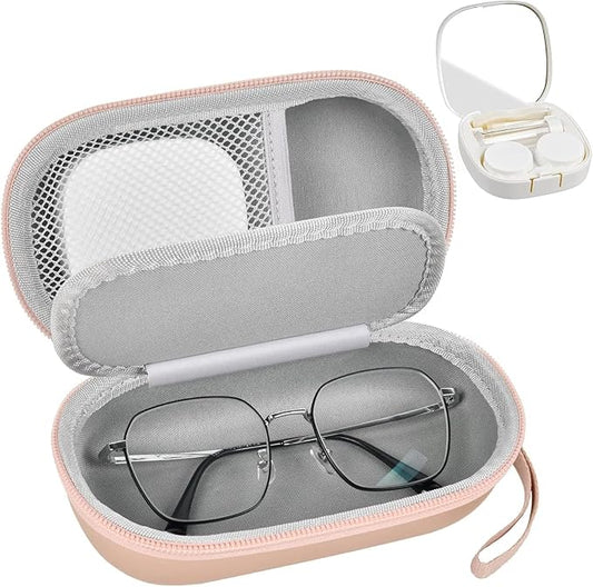 Portable 2 in 1 Contact Lens Case and Glasses Case, Traveling Contact Cases Bag Box Holder with Soak Storage Kit Included ...