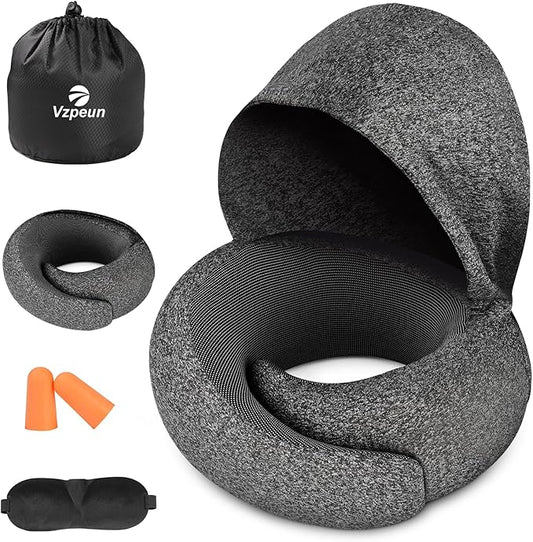 Vzpeun Travel Pillow - Hooded Neck Pillow Airplane Memory Foam Filling for Plane, Office, Cars Sleeping, Road Trip, Long F...