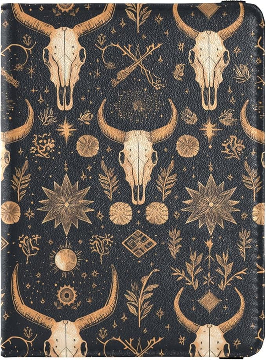 Ethereal Boho Seamless Pattern with Rose Gold Bull Skull and Line Art Shapes Leather Passport and Vaccine Card Holder Comb...