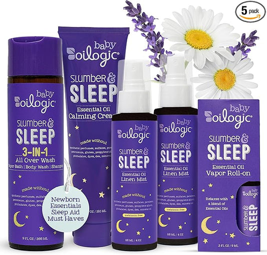Oilogic Slumber & Sleep Bath Baby Essentials Gift Set - Includes All Over Wash, Calming Cream, Sleep Spray & Roll-On Essen...