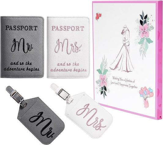 Mr and Mrs Luggage Tags & Passport Holders Set - Bridal Shower Gifts for Bride, Wedding Travel Must Haves for Newlyweds & ...